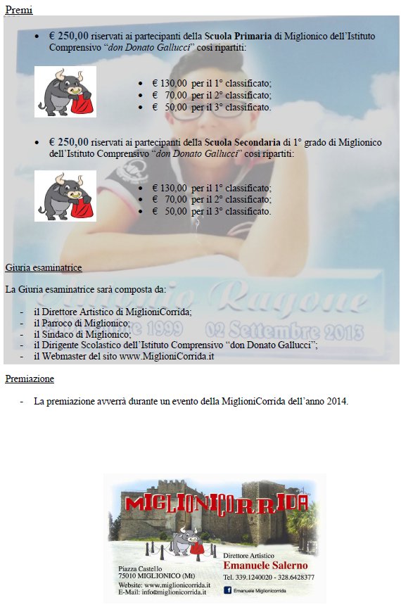 Premio Memorial Antonio Ragone 2014  "IL DONO del SORRISO"  organizzato dalla MIGLIONICORRIDA