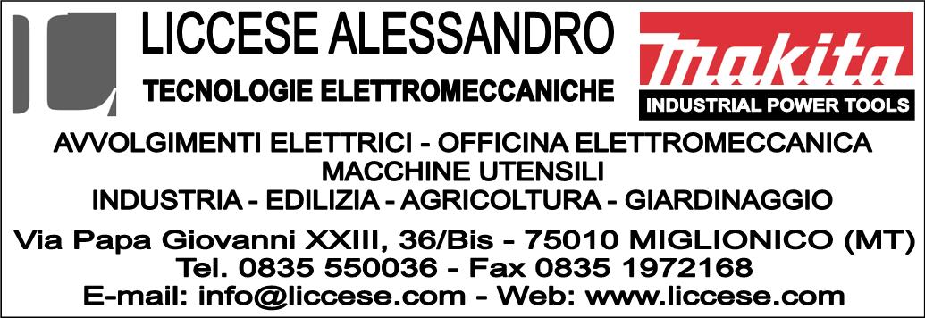 ALESSANDRO LICCESE Tecnologie elettromeccaniche - Via Papa Giovanni XXIII, 36/Bis - 75010 MIGLIONICO (MT) - Tel. 0835 550036 - Fax 0835 1972168 - Cell. 393 0176303 - EMail: info@liccese.com - WebSite: www.liccese.com