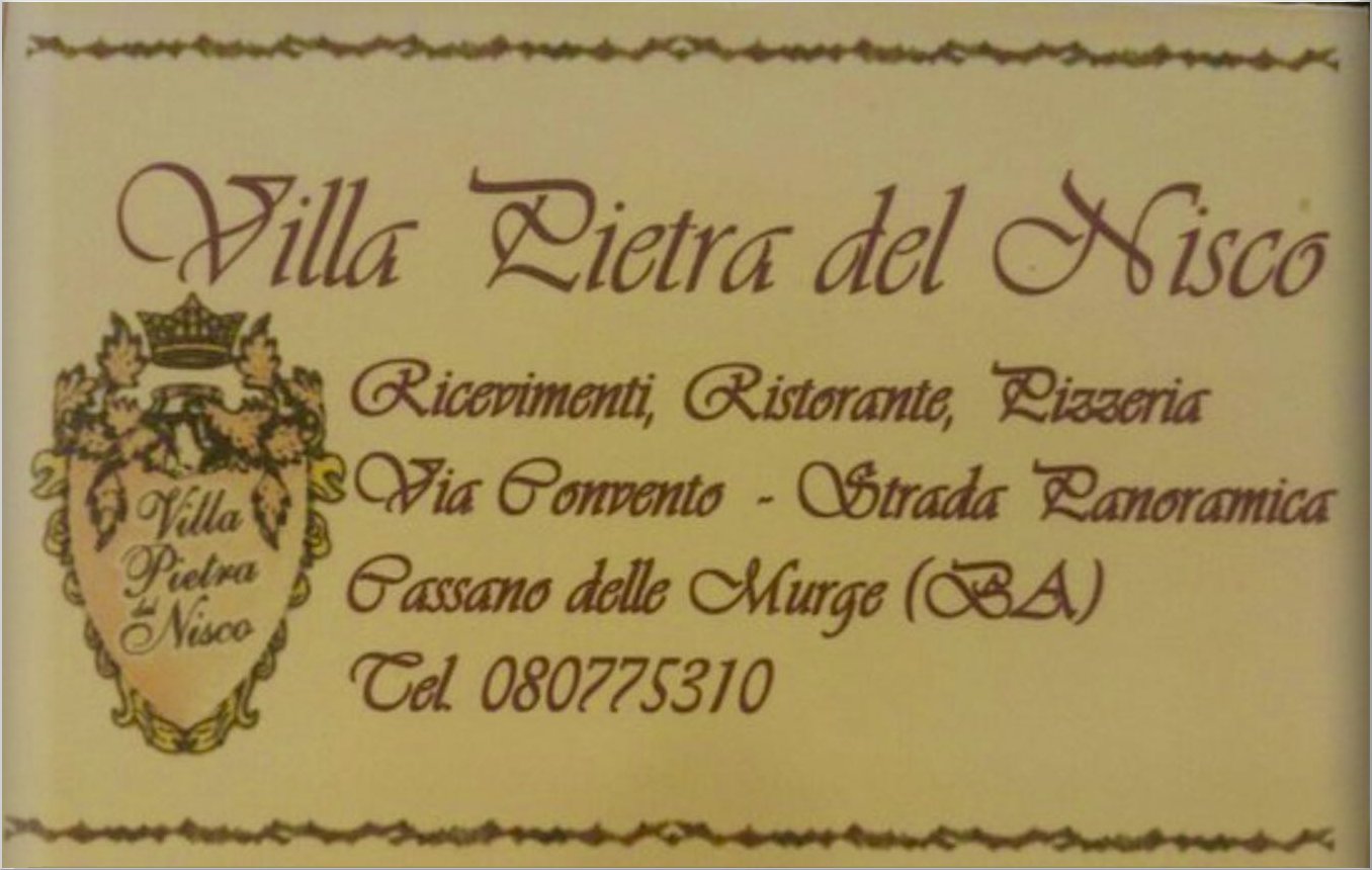 Sala Ricevimenti Villa Pietra del Nisco - via Convento (Strada Panoramica) -  Cassano delle Murge (Bari) - InfoLine: 080 775310  - EMail : villapietradelnisco@virgilio.it